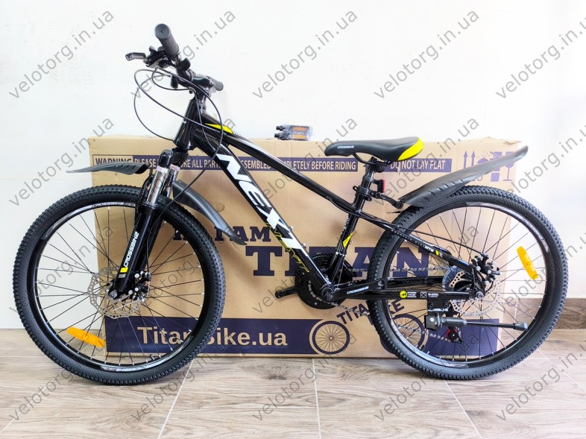 Велосипед Crossbike 24" Next 2025 Рама 12" black-yellow — надійний гірський байк для підлітків