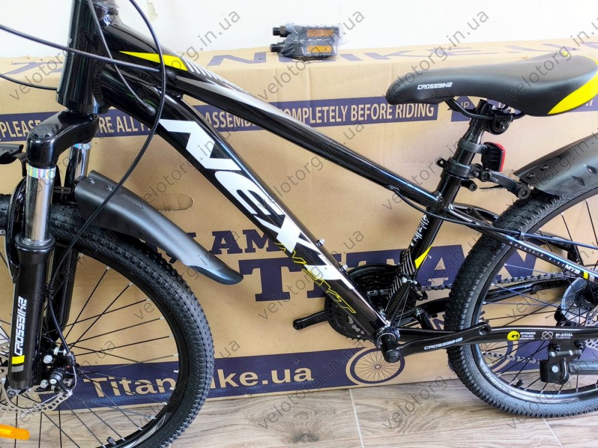 Велосипед Crossbike 24" Next 2025 Рама 12" black-yellow — надійний гірський байк для підлітків