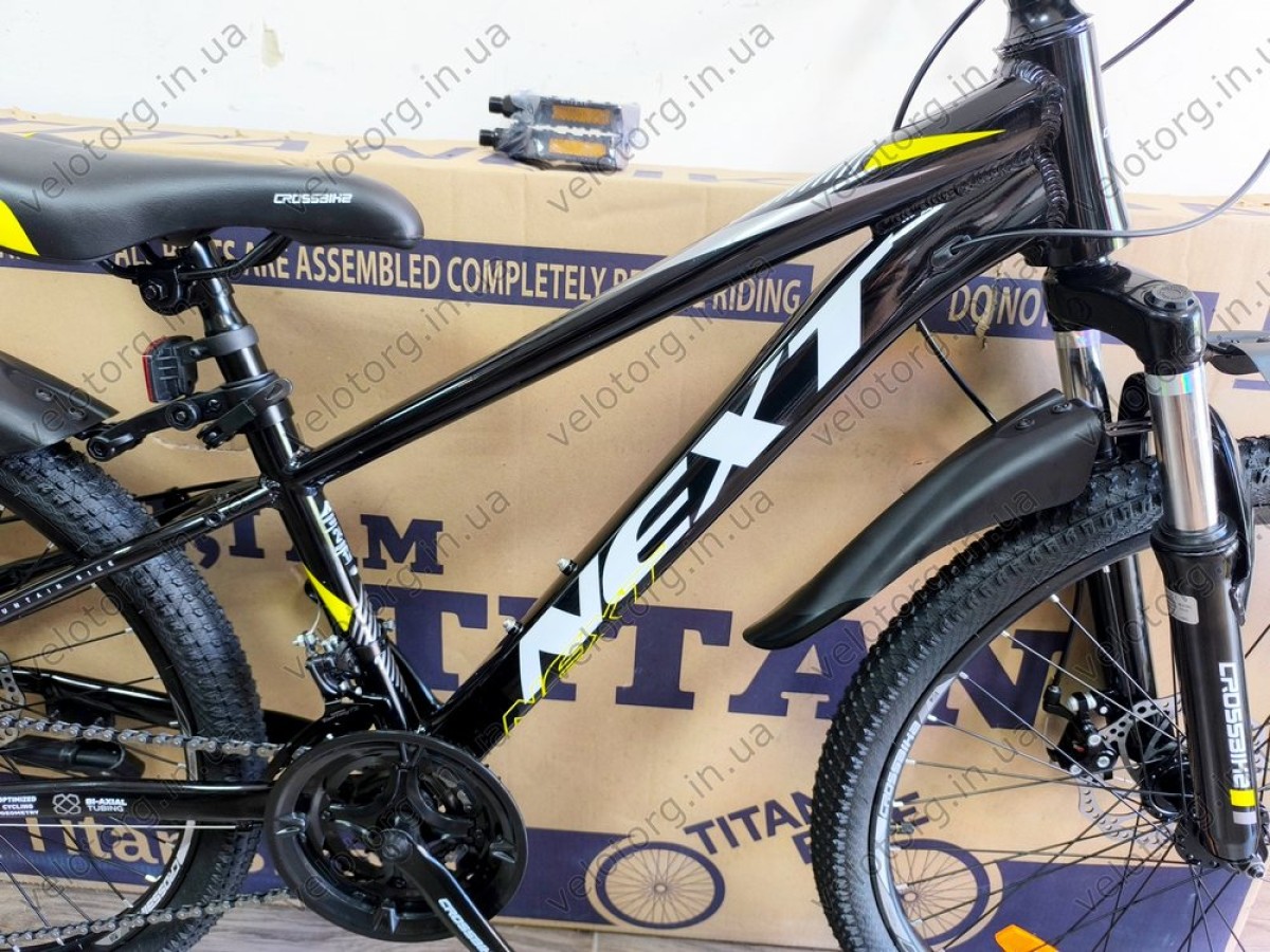 Велосипед Crossbike 24" Next 2025 Рама 12" black-yellow — надійний гірський байк для підлітків