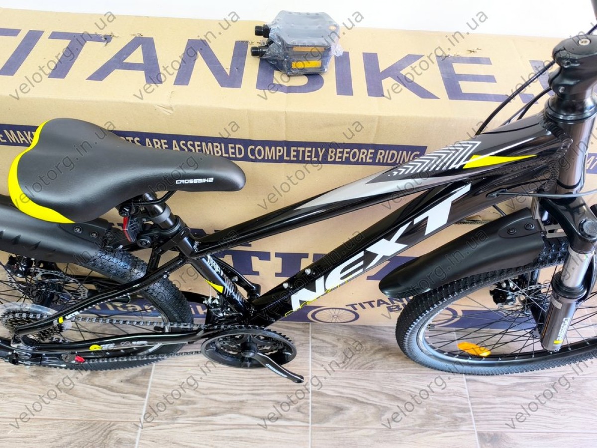 Велосипед Crossbike 24" Next 2025 Рама 12" black-yellow — надійний гірський байк для підлітків